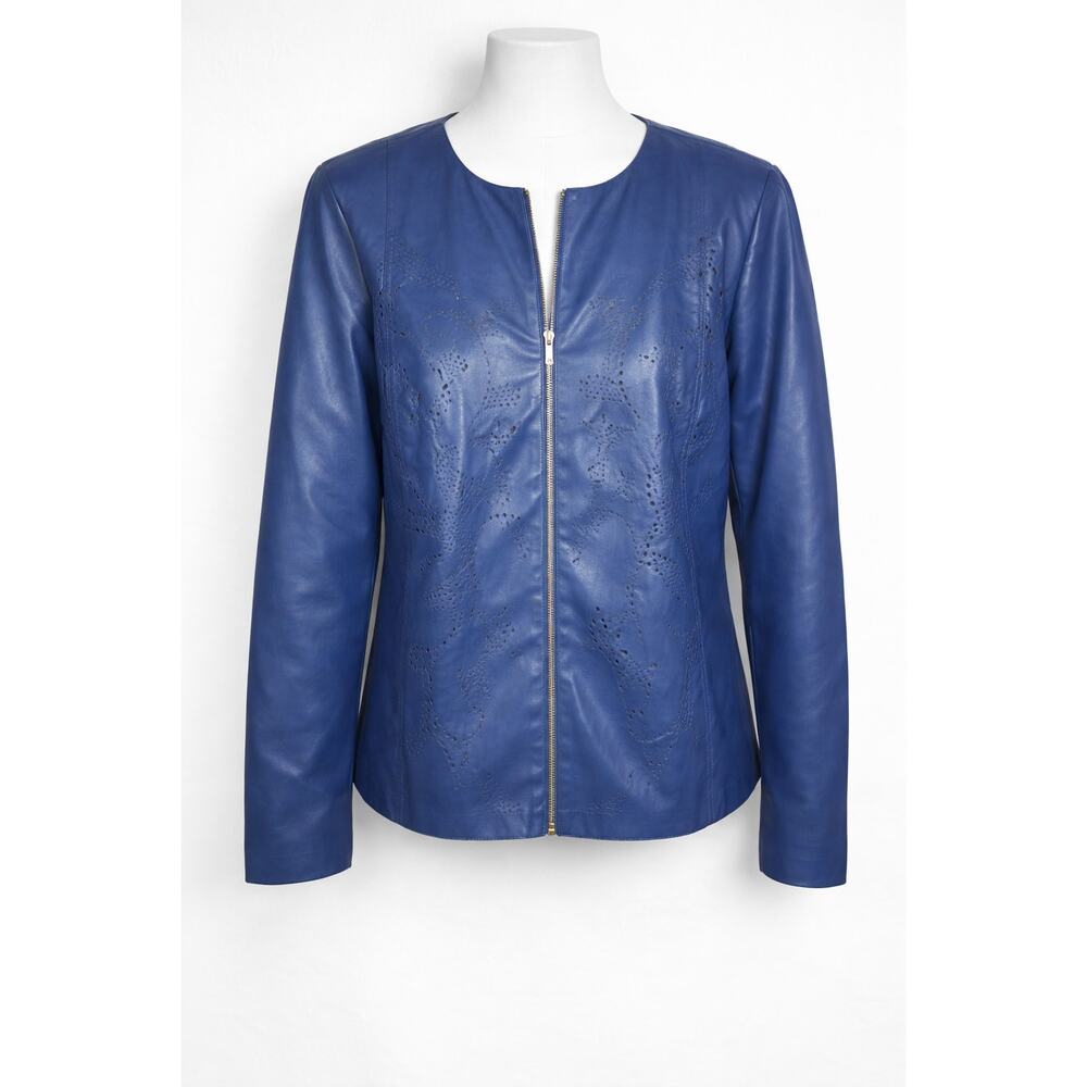 Susan Graver Faux Leather Zip Front‎ Jacket Blue Laser Cut L